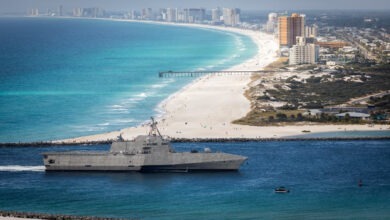 251107-N-UI581-1002 PANAMA CITY, Fla. — Independence-variant littoral combat ship USS Pierre (LCS 38) arrives in Panama City, Fla. ahead of her commissioning ceremony on Nov. 7, 2025. Pierre is the second U.S. Navy ship to bear this name and will be the final Independence-variant LCS to be commissioned in the U.S. Navy. Pierre will be commissioned in Panama City on Nov. 15. (U.S. Navy photo by Eddie Green)