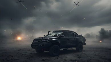 Ranger anti-drone vehicle driving through a smoky battlefield as hostile drones and explosions fill the sky during counter-UAS operations.