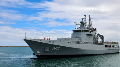 The Royal Australian Navy's the third Arafura-class offshore patrol vessel, NUSHIP Pilbara (OPV 205).