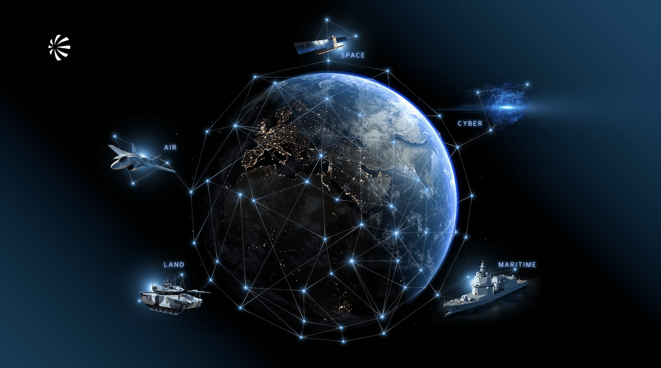 Digital defense dome visualized around Earth, connecting air, land, maritime, space, and cyber domains through a global network of glowing nodes