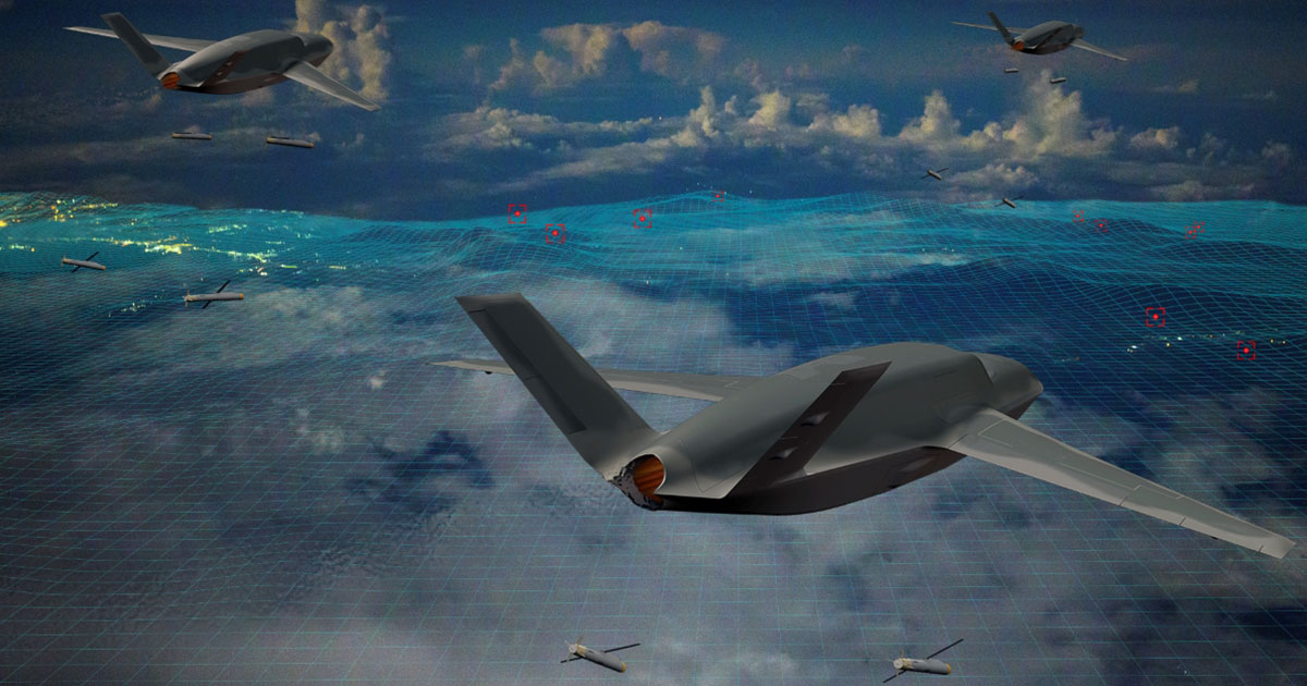 A formation of Gambit 6 drones flying in the sky above the ocean, showcasing their sleek designs against the blue backdrop.