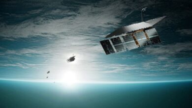 Artist's rendering of an ICEYE satellite constellation in space