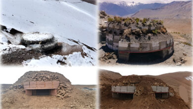 Collage of 3D-printed bunkers in snowy and desert terrain