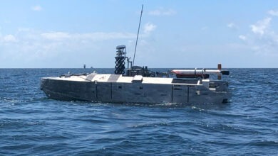 An unmanned surface vessel equipped with the AN/AQS-24 anti-mine sonar system. Photo: Northrop Grumman