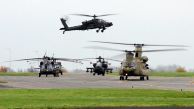 CH-47 Chinook, AH-64 Apache and UH-60 Black Hawk, assigned to 1st Air Cavalry Brigade, 1st Cavalry Division, leaves the airfield of Chièvres Air Base during the Operation Atlantic Resolve, Belgium, Oct. 25, 2017. (U.S. Army photo by Visual Information Specialist Pascal Demeuldre)