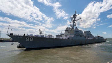 NORFOLK, Va. (May 6, 2025) - The Arleigh Burke-class guided missile destroyer USS Forrest Sherman (DDG 98) departs Naval Station Norfolk for a scheduled deployment. The USS Forrest Sherman (DDG 98) departed Norfolk as part of the Gerald R. Ford Carrier Strike Group (GRFCSG) for a scheduled deployment to the U.S. 5th Fleet area of operations. The deployment will underscore the U.S. Navy's commitment to maritime security and stability in the region. (U.S. Navy photo/video by Mass Communication Specialist 2nd Class Porsha Thompson)
