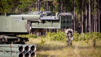 A High Mobility Artillery Rocket System (HIMARS) attached to the 3-27 Field Artillery Regiment, 18th Field Artillery Brigade, dropping rocket pods during the Table XVIII Qualification on Fort Bragg, N.C., Oct. 1, 2025. Table XVIII tests a battalion's ability to coordinate and execute multiple live-fire missions, integrating the capabilities of all its batteries under realistic, often high-stress conditions. (U.S. Army photo by Sgt. Austin Robertson)