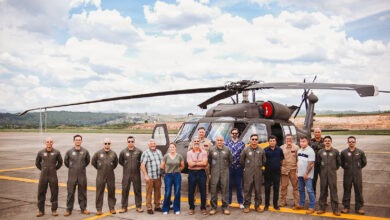 U.S. and Brazilian personnel gather for a photo after delivery of a UH-60M Black Hawk in Sau Paulo, Brazil, November 20, 2025. The Black Hawk is the first of 12 ordered by Brazil through an FMS case with the U.S. Army Security Assistance Command as they modernize an aging helicopter fleet. (Courtesy photo)