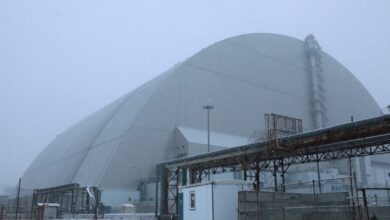 The New Safe Confinement at the Chornobyl Nuclear Power Plant in the Kyiv region, Ukraine, on February 14, 2025, protects the remains of Reactor 4, which was destroyed during the 1986 Chornobyl disaster. The structure was hit by a Russian attack drone with an explosive warhead on Friday night, January 14. (Photo by Volodymyr Tarasov/Ukrinform/NurPhoto)