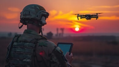 A soldier operates a small quadcopter at sunset using a handheld controller, conducting signals intelligence work as the drone hovers against the orange sky.