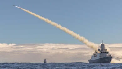 Royal Netherlands Navy De Zeven Provincien-class frigate HNLMS Tromp (F803) fires an RGM-84 Harpoon missile during long-planned, live-fire sinking exercise as part of Exercise Rim of the Pacific