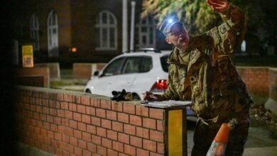 US serviceman observes drone activity in the night sky and records notes during a counter-drone exercise Washington, DC