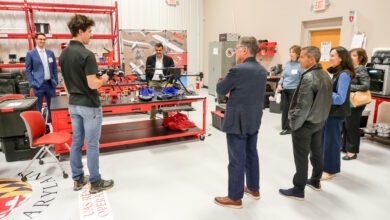HII executives on a tour of the University of Maryland’s A. James Clark School of Engineering. HII’s Mission Technologies division has joined the Corporate Partners Program at the University of Maryland’s A. James Clark School of Engineering. is a Corporate Partners of the school. (Photo Credit: Lauren Bacon, University of Maryland Communications Program Manager)
