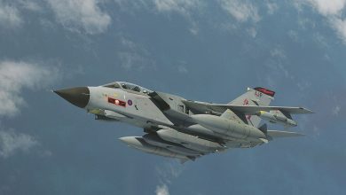 A Tornado GR4 aircraft with 617 Squadron based at RAF Lossiemouth is pictured fitted with the Storm Shadow cruise missile firectly under the fuselage