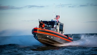 A Coast Guard Station Charleston 29-foot Response Boat - Small crew proceeds toward Station Charleston after completing a cruise ship escort Jan. 30, 2020, in Charleston, South Carolina. Coast Guard Station Charleston crew members often conduct cruise ship escorts as part of the Coast Guard’s port and waterway security mission which protects marine resources and maritime commerce. (U.S. Coast Guard photo by Petty Officer 2nd Class Ryan Dickinson)