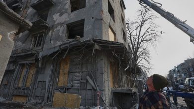 A multi-storey residential building is damaged as a result of a Russian missile strike in Kharkiv, Ukraine, on January 4, 2026
