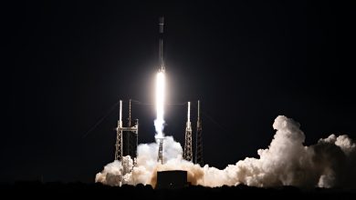 A GPS 3 SV09 launching from a rocket during the nighttime. Smoke is visible.