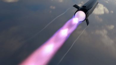 A digital rendering of a hypersonic missile in high-altitude flight, powered by a next-generation rotating detonation ramjet engine.