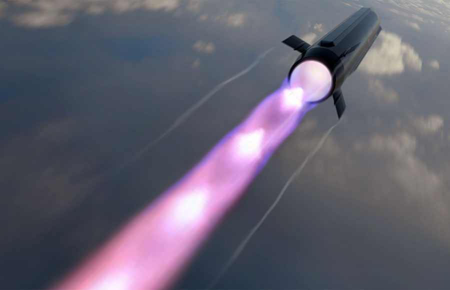 A digital rendering of a hypersonic missile in high-altitude flight, powered by a next-generation rotating detonation ramjet engine.