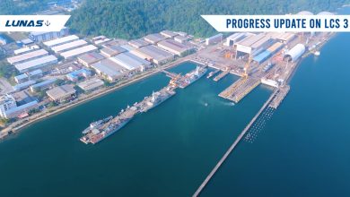 Three Royal Malaysian Navy Maharaja Lela-class littoral combat ships at Lumut Naval Shipyard