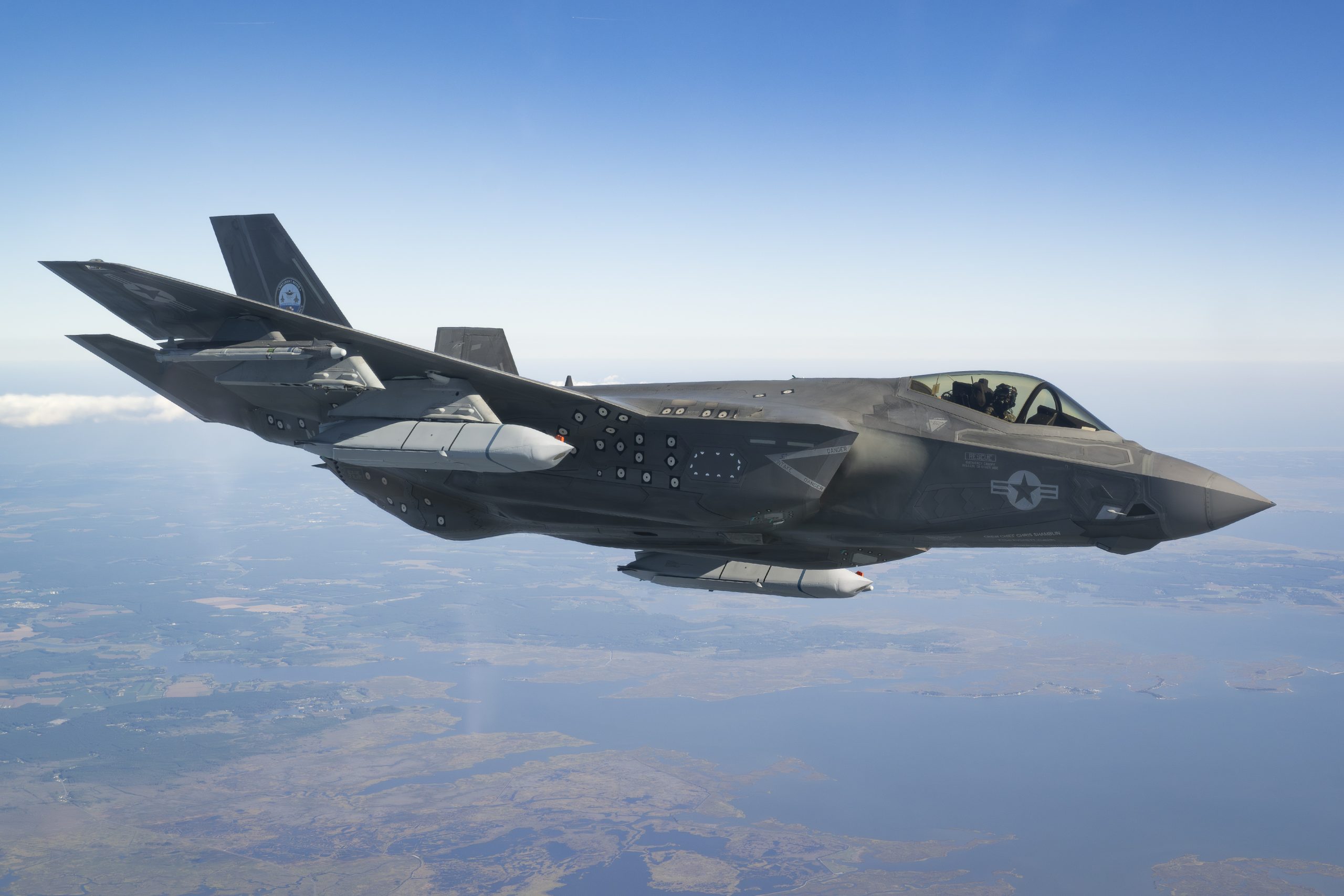 An F-35 Lightning II test pilot conducts flight test Sept. 10 to certify the carrier variant of the fighter aircraft for carrying the AGM-158C Long-Range Anti-Ship Missile (LRASM)