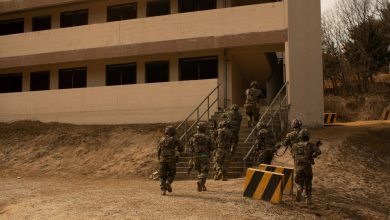 Military personnel training at a concrete facility, highlighting the vulnerability of buildings and windows to electromagnetic threats.