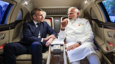 French President Emmanuel Macron meets Indian Prime Minister Narendra Modi.