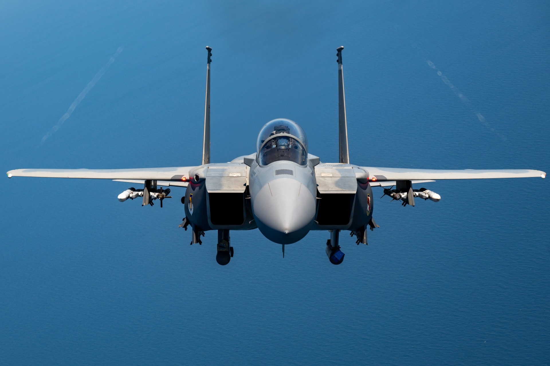 A U.S. Air Force F-15EX Eagle II flies over the Gulf of America, September 16, 2025. The F-15EX, from the 40th Flight Test Squadron at Eglin Air Force Base, Florida, is one of the first F-15EXs in the Air Force, and is going through developmental and operational test series at Eglin to confirm its operational capabilities before it is delivered to the combat Air Force. (U.S. Air Force photo by Staff Sgt. Blake Wiles)