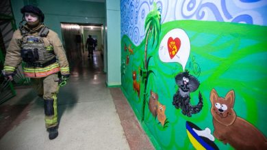 A Sumy firefighter is at a children's hospital after a Russian drone attack, on February 13, 2026.