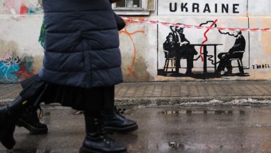 Street art stencil graffiti by Toddel, depicting Donald Trump and Vladimir Putin making a deal on Ukraine, is seen in Kazimierz district in Krakow, Poland on February 18th, 2026.
