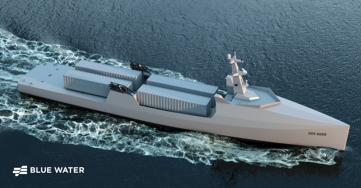 Rendering of an autonomous ship labeled USV 6009 underway at sea, featuring a sleek hull design and containerized payload modules on deck.