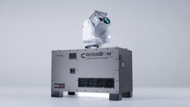A compact laser defense system with a turret-mounted laser head, labeled "CROSSBOW," sitting on a metallic base.