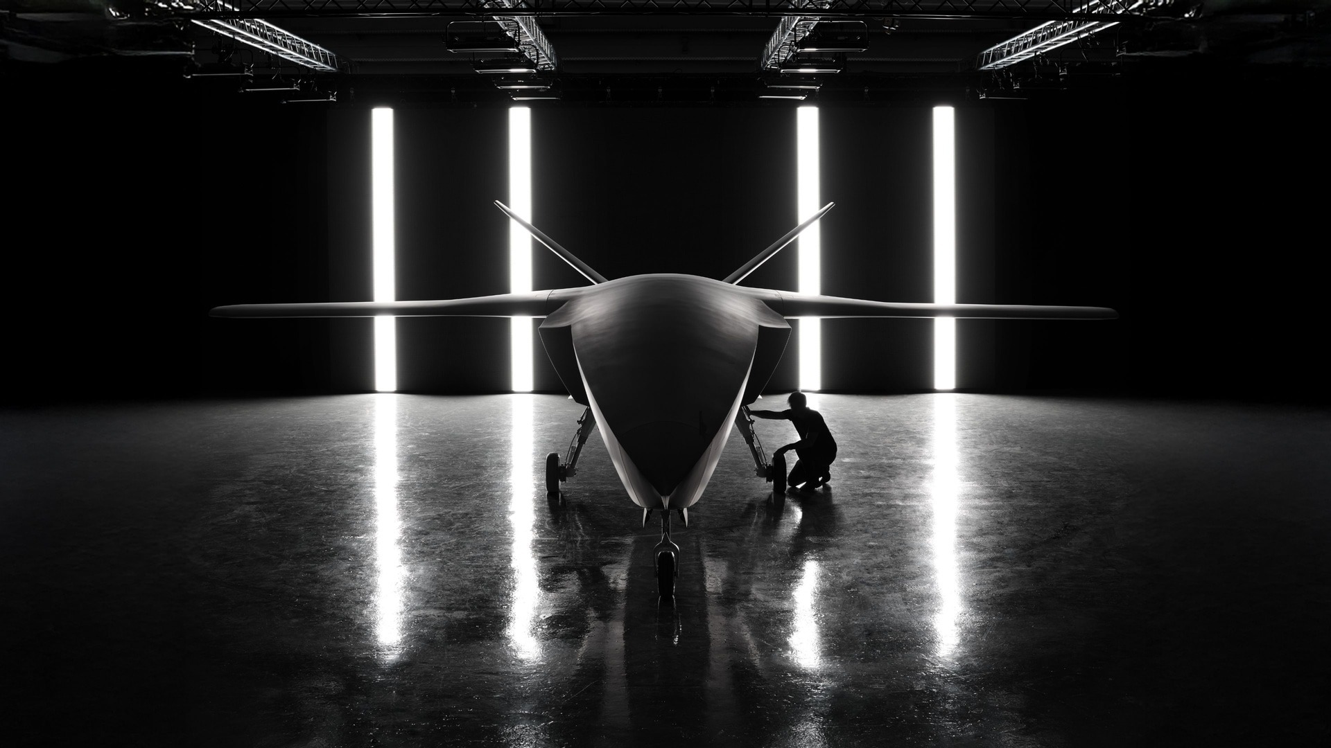 Monochrome photo featuring a CA-1 Europa drone set against a shadowy backdrop.