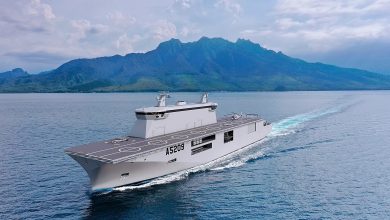 Portugal’s drone carrier NRP João II sailing at sea, featuring a full-length flight deck designed for launching and recovering aerial, surface, and underwater drones.