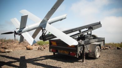 A US Marine Corps HERO-400 loitering munition drone is staged before flight.