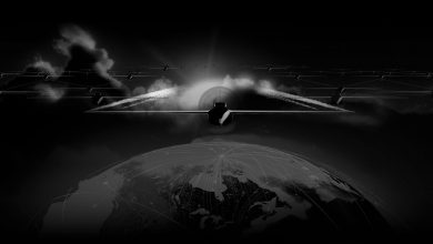 Dark cinematic render of a large-scale unmanned drone swarm formation flying above Earth, with global connectivity lines suggesting networked autonomous operations