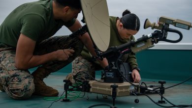 U.S. Marine Corps Lance Cpl. Angel Torres (left) and Cpl. Vanessa Jenkins (right), satellite transmissions system operators with Marine Wing Communications Squadron 18, configure a Multi-Mission Terminal satellite dish at Hyakuri Air Base, Japan, Dec. 6, 2021. Marines with MWCS-18, Marine Fighter Attack Squadron 112, Marine Wing Support Squadron 171, and Marine Aviation Logistics Squadron 12 are operating at Hyakuri Air Base as part of an Aviation Training Relocation Program. (U.S. Marine Corps photo by Cpl. Evan Jones)