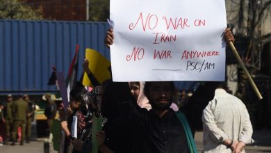 Members of Aurat March Lahore and the Progressive Students Collective (PSC) stage a protest demonstration outside the US Consulate at Shimla Pahari in Lahore, Pakistan, on March 3, 2026.