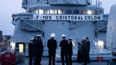 Navantia officers and Denmark officials onboard Spanish frigate Cristóbal Colón