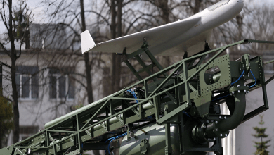 Poland PLargonia fixed-wing combat drone loaded on a green catapult launch system, highlighting Poland's push to field a domestically developed national UAV capability