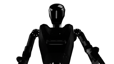 Cinematic render of a humanoid robot with a glowing visor and LED shoulder joints against a black background