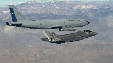 A Chilean air force KC-135E Stratotanker and U.S. Air Force F-35A Lightning II fly in Chilean airspace.