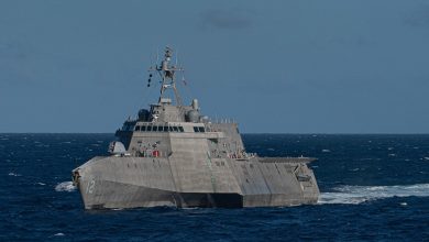 The Independence Class littoral combat ship USS Omaha (LCS 12) transits the Pacific Ocean during a Nimitz Carrier Strike Group (CSG) composite training unit exercise (COMPTUEX). COMPTUEX is an intensive exercise designed to fully integrate units of the CSG, while testing its ability as a whole to carry out sustained combat operations from the sea. (U.S. Navy photo by Mass Communication Specialist 3rd Class Andrew Langholf/RELEASED)