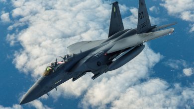 An F-15 Strike Eagle assigned to Nellis Air Force Base, Nevada, flies in the skies over Southern California, March 13. Two F-15 Strike Eagles conducted aerial refueling training with a KC-135 assigned to the 370th Flight Test Squadron out of Edwards AFB, California. (Air Force photo by Richard Gonzales)