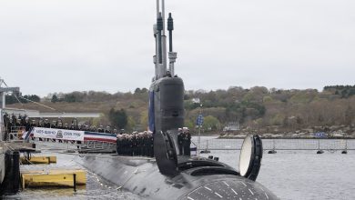 260425-N-UM744-1007- Sailors assigned to the Virginia-class fast attack submarine USS Idaho (SSN 799) man the rails during a commissioning ceremony at Naval Submarine Base New London in Groton, Conn. on April 25, 2026. SSN 799, the fifth U.S. Navy vessel to be named for “The Gem State”, operates under Submarine Squadron (SUBRON) FOUR, whose primary mission is to provide attack submarines that are ready, willing, and able to meet the unique challenges of undersea combat and deployed operations in unforgiving environments across the globe. (U.S. Navy photo by John Narewski)