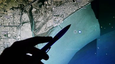 Satellite view of shipping traffic in and around the Strait of Hormuz