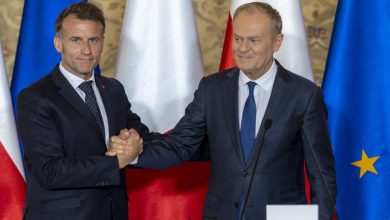 Poland's Prime Minister, Donald Tusk and the President of France, Emmanuel Macron deliver a press conference after the 1st Polish-French Intergovernmental Summit on April 20, 2026 in Gdansk, Poland.