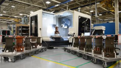 3D-printed rocket engine combustion chambers shown in the manufacturing area at L3Harris’ Florida facility.