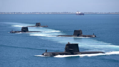 Collins Class submarines HMAS Collins, HMAS Farncomb, HMAS Dechaineux and HMAS Sheean in formation while transiting through Cockburn Sound, Western Australia. Collins Class submarines are an essential part of Australias naval capability, providing a strategic advantage in terms of surveillance and protection of our maritime approaches. *** Local Caption *** Royal Australian Navy Collins Class Submarines, HMAS Collins, HMAS Farncomb, HMAS Dechaineux and HMAS Sheean sail in formation while transiting through Cockburn Sound, Western Australia, in February 2019.