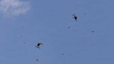A Bumblebee V1 drone under manual control intercepts practice targets at Fort Bragg, N.C., April 23, 2026.